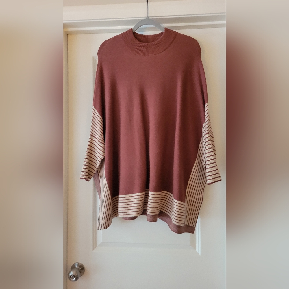 Like New- Cocobleu Poncho-style Sweater Rust Color w/ Striped Sleeves & Hem